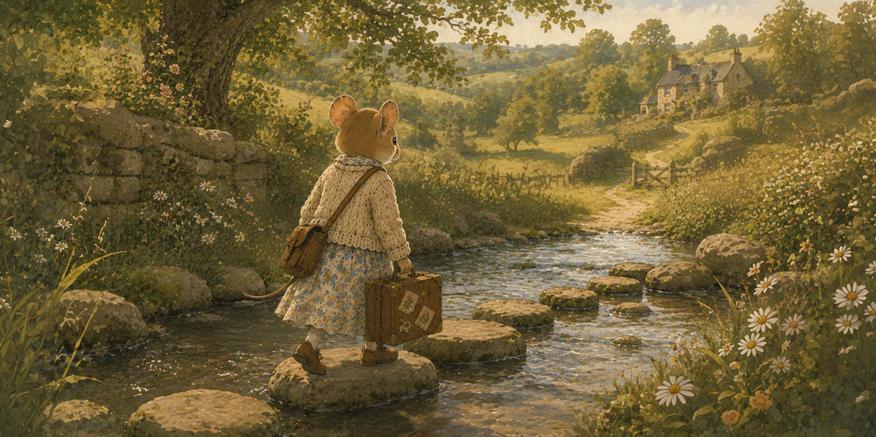 Storybook illustration of a mouse crossing a stream