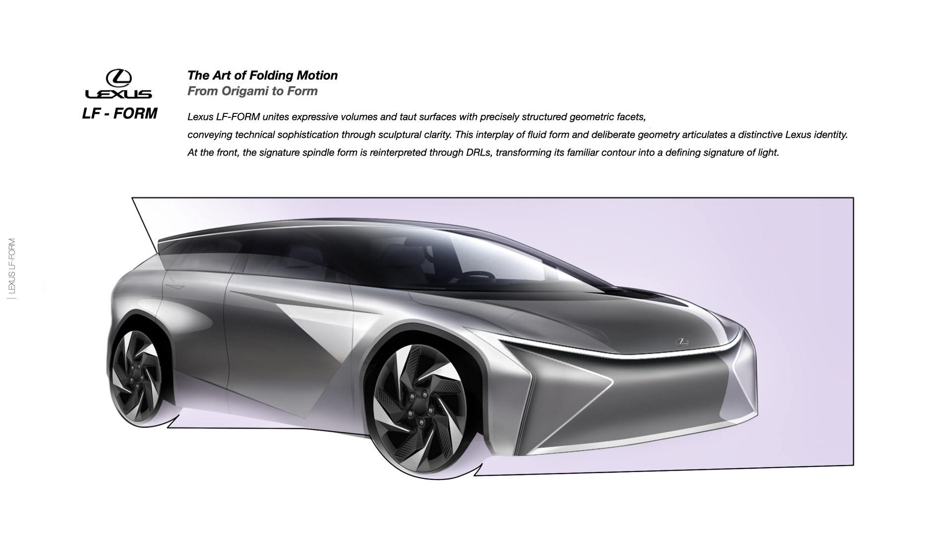 Lexus LF-FORM front three-quarter view and spindle-inspired DRL signature